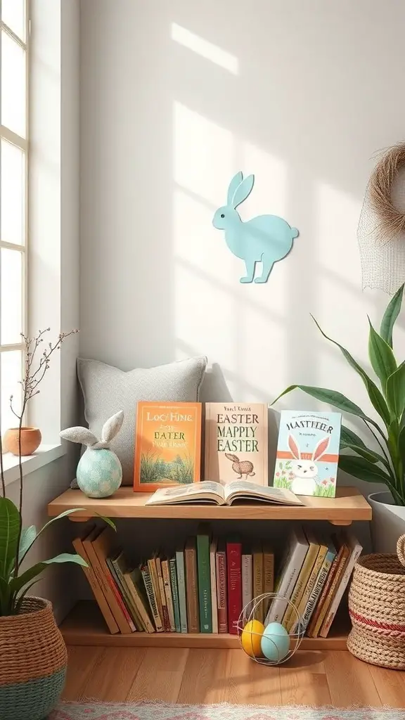 A cozy living room shelf with Easter-themed books, a bunny figurine, and colorful eggs.