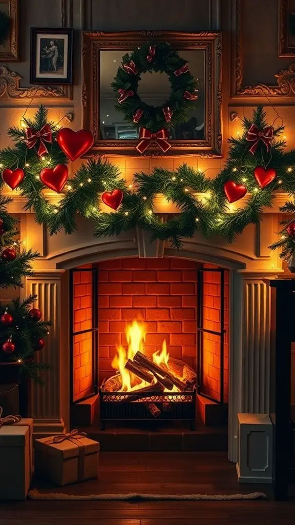 A beautifully decorated fireplace with string lights, garlands, and heart-shaped ornaments for Valentine's Day.