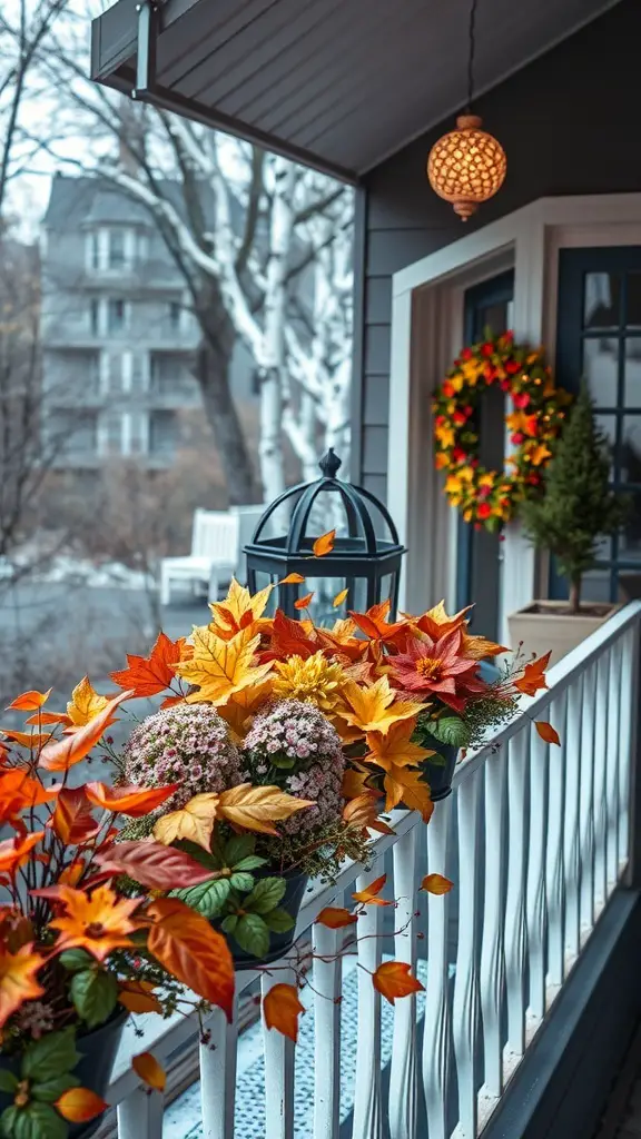 A cozy balcony decorated for fall with colorful leaves and flowers.