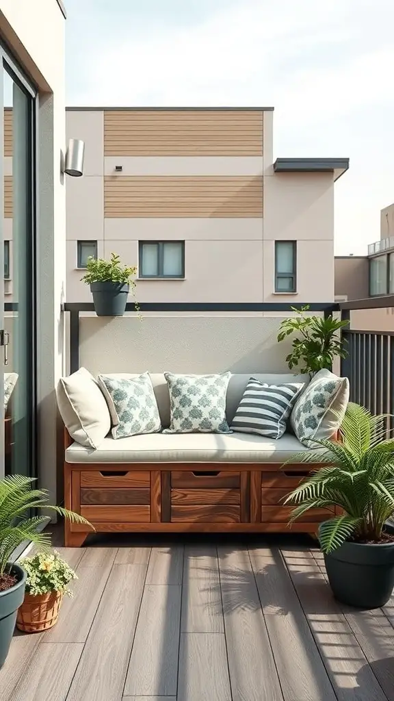 29+ Creative Balcony Storage Ideas 5 A cozy balcony with a wooden bench featuring under-bench storage, adorned with cushions and surrounded by potted plants.