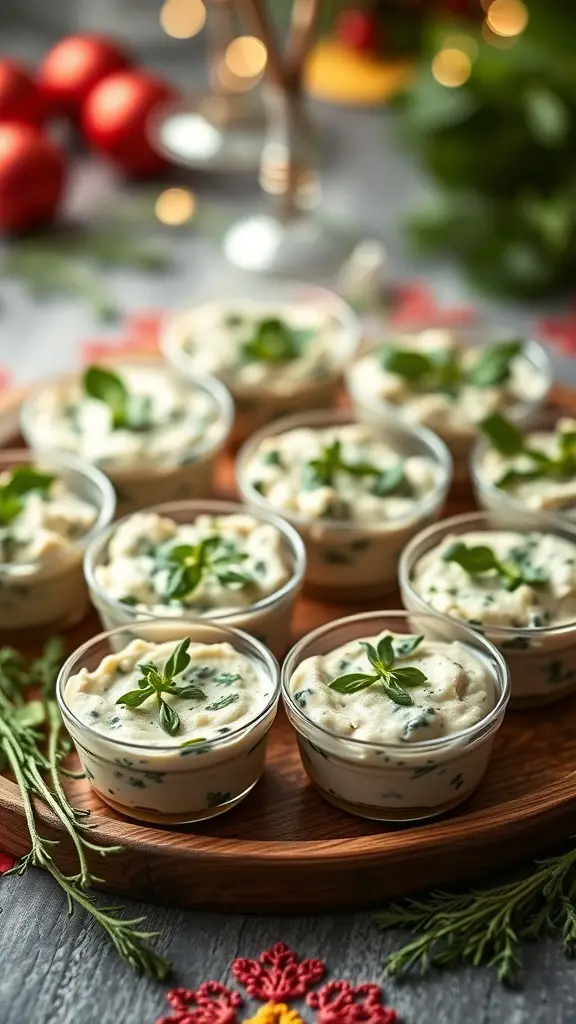Mini Spinach and Artichoke Dip Cups on a wooden platter