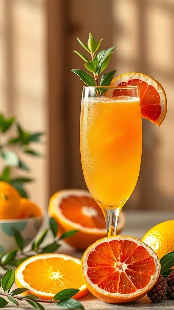 45+ Creative Mother's Day Brunch Ideas 7 A glass of mimosa garnished with orange, surrounded by fresh citrus fruits.