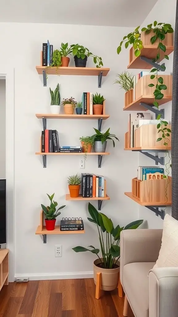 A wall with multiple shelves displaying books and plants in a small apartment