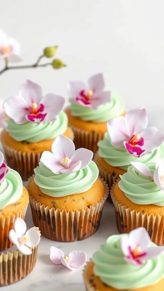 Minty green orchid cupcakes with delicate flowers on top