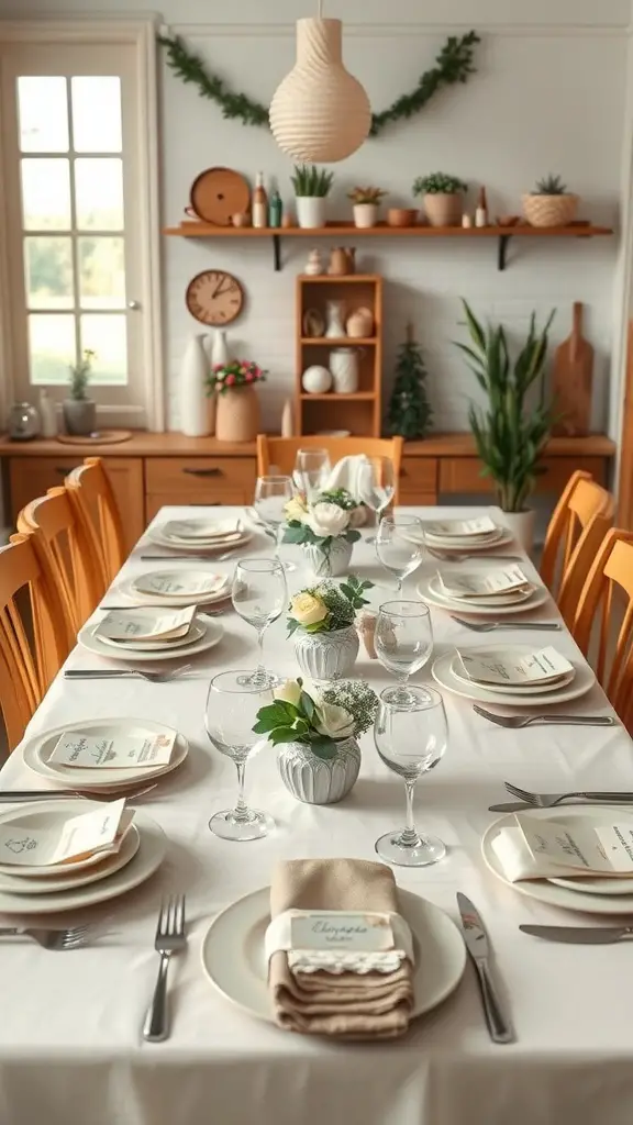 A beautifully set kitchen table ready for a themed dinner party with flowers, elegant tableware, and a cozy atmosphere.