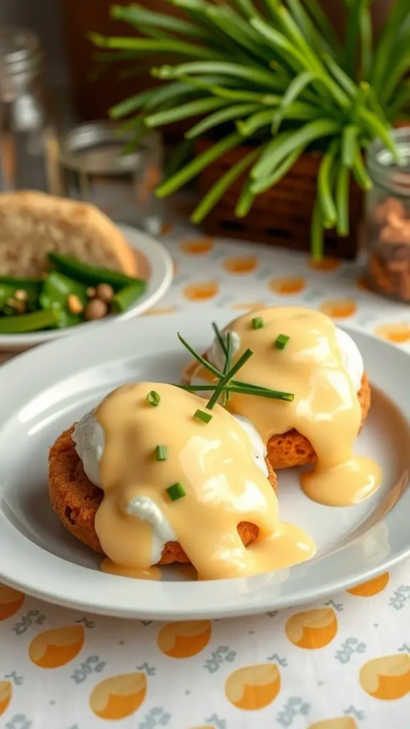47+ Must-Try Easter Brunch Ideas for a Festive Celebration 5 A plate of classic Eggs Benedict with hollandaise sauce, garnished with chives.