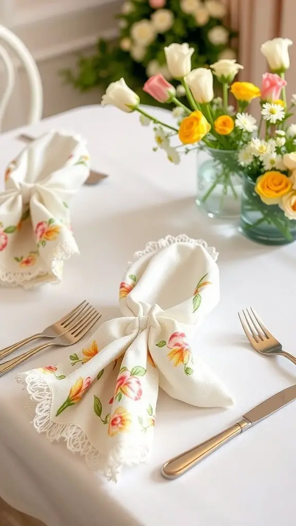 Spring-themed fabric napkin fold with floral design on a dining table