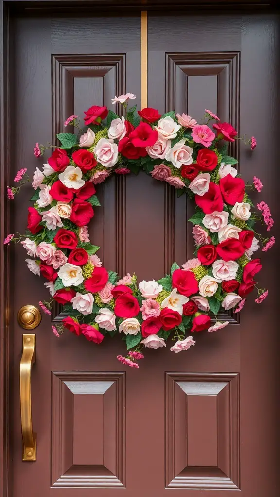 27+ Creative DIY Valentine’s Day Decor Ideas You’ll Love 9 A vibrant floral wreath made of red and pink roses hanging on a brown door.