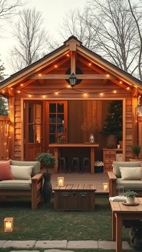 27+ Creative Party Shed Ideas 3 A rustic wooden shed with outdoor seating, string lights, and a cozy atmosphere.
