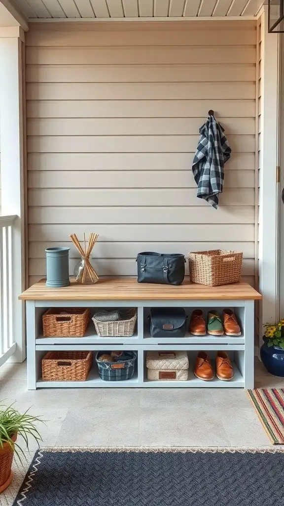 25+ Creative Porch Storage Ideas 5 A porch with a storage bench featuring open shelves, baskets, and decorative items.