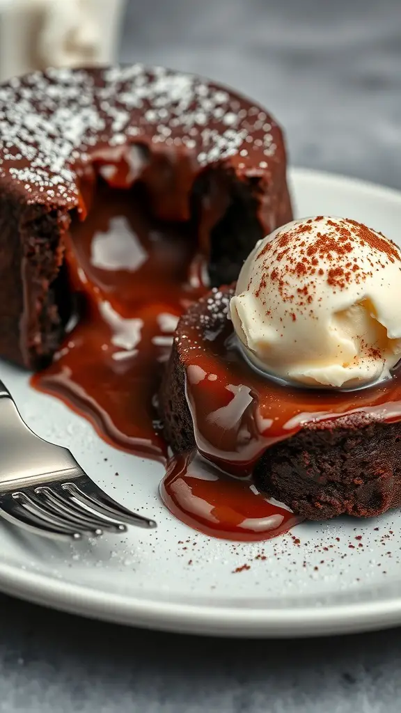 A plate of chocolate lava cake with a scoop of vanilla ice cream, showcasing the molten chocolate center.