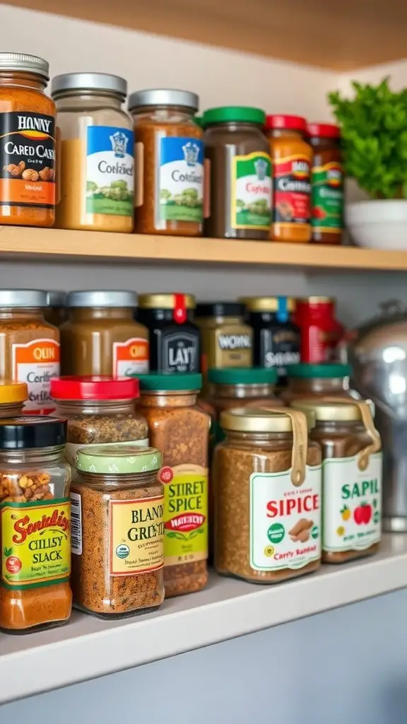 Colorful spice rack with various jars and a small plant