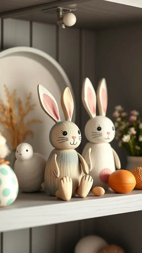 A display of painted wooden bunnies in various colors and designs, surrounded by decorative eggs and flowers.
