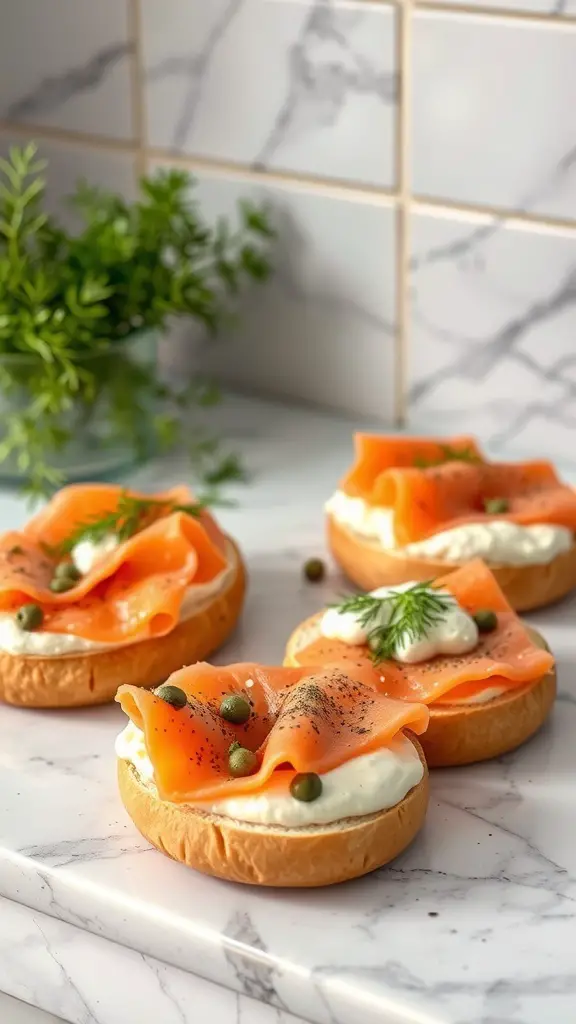 45+ Creative Mother's Day Brunch Ideas 12 Smoked salmon bagels with cream cheese, capers, and dill on a marble countertop.
