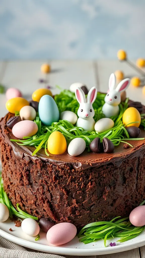 A Chocolate Easter Egg Hunt Cake decorated with colorful candy eggs and bunny figures.