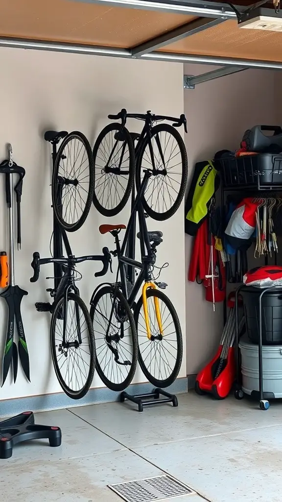 Vertical bike racks holding multiple bicycles in a garage