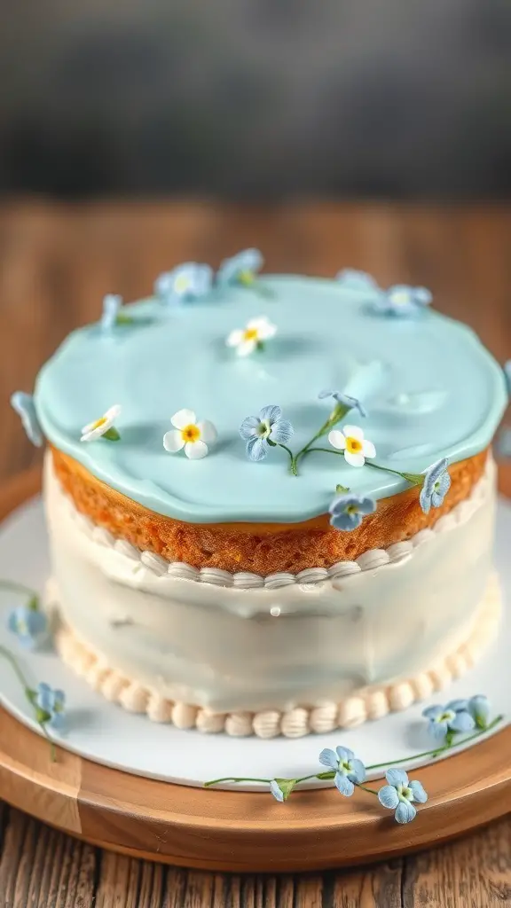A beautifully decorated spring flower cake with forget-me-not flowers on top and a light blue frosting.