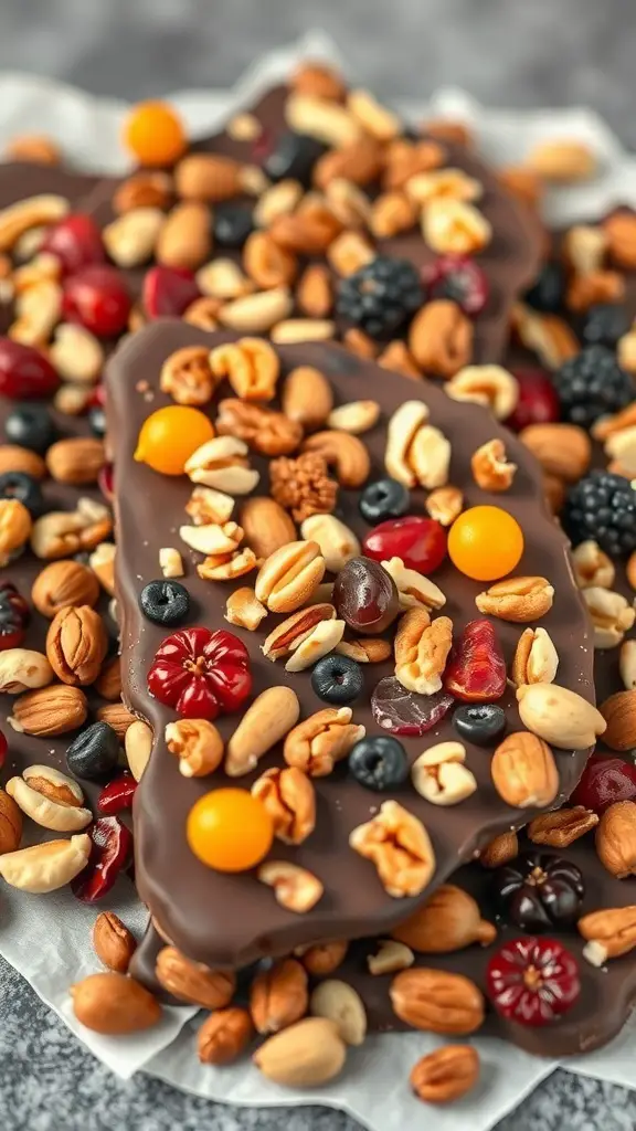 Chocolate bark topped with nuts and dried fruits