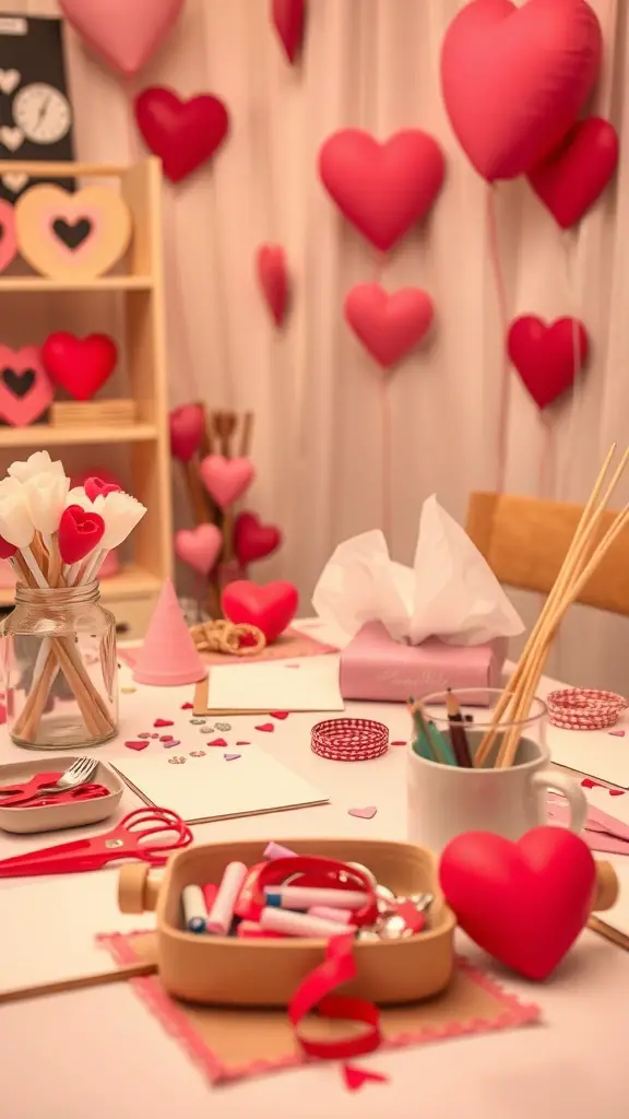 A vibrant DIY craft station with heart-themed decorations and crafting supplies for a Galentine's dinner party.