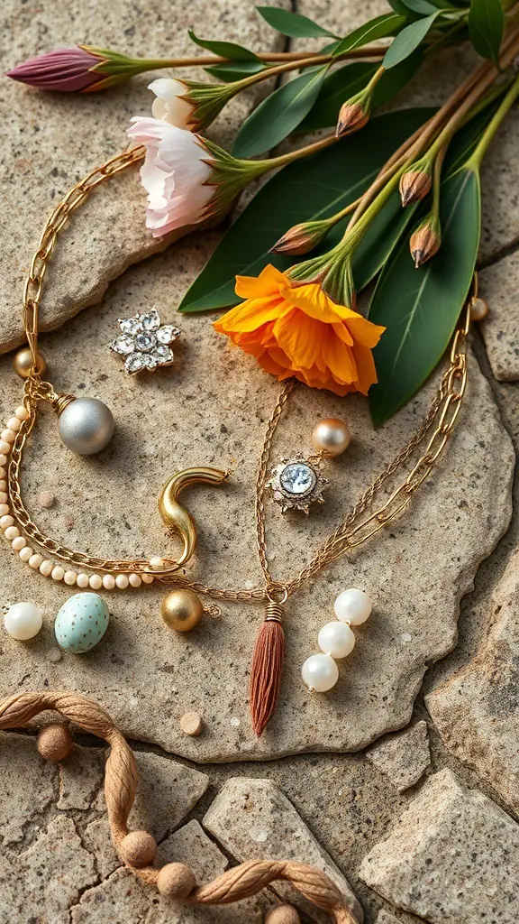 An arrangement of nature-inspired jewelry pieces with flowers on a stone surface.