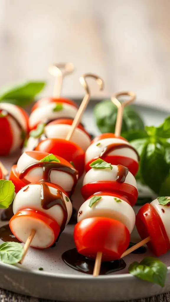 Plate of Caprese salad bites with cherry tomatoes, mozzarella, and basil drizzled with balsamic glaze.
