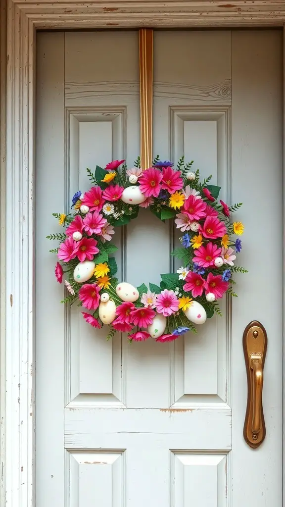 A colorful floral wreath with pink flowers and Easter eggs hanging on a front door.