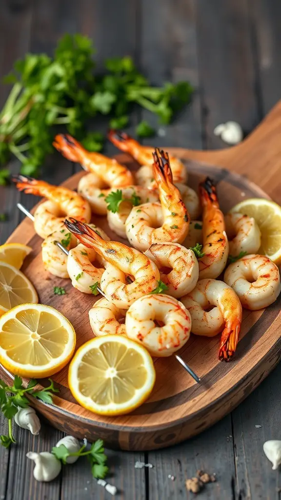Lemon garlic shrimp skewers on a wooden platter with lemon slices and fresh herbs