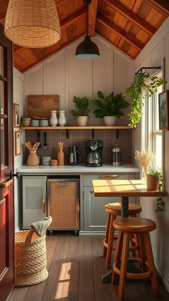29+ Creative She Shed Ideas for Small Spaces 6 A cozy bistro-style coffee bar in a small space, featuring a table, stools, coffee maker, and plants.