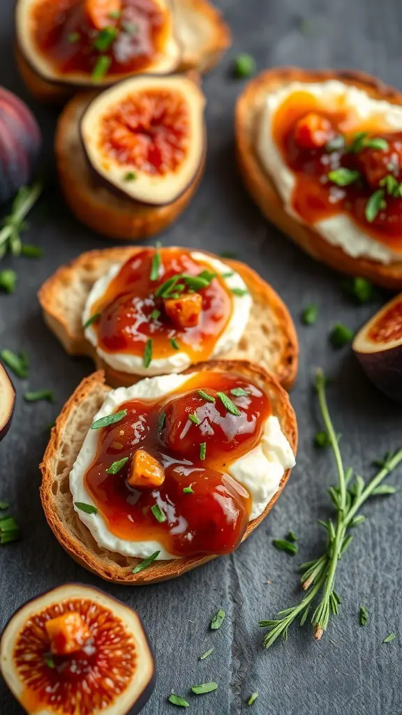Goat cheese and fig crostini on a dark surface, garnished with herbs and fresh figs.
