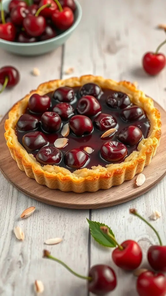 A Cherry Almond Tart with fresh cherries and almond slices on a wooden platter.
