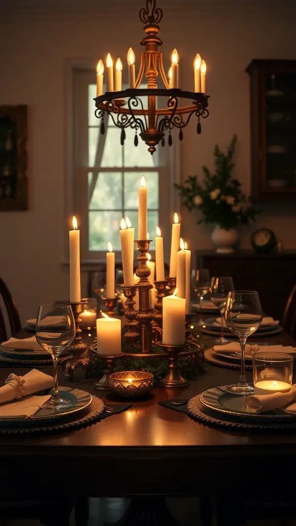 A beautifully arranged kitchen table with candles, elegant tableware, and a warm atmosphere.