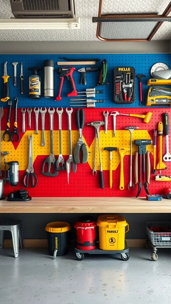 A colorful pegboard in a garage with various tools organized by color.