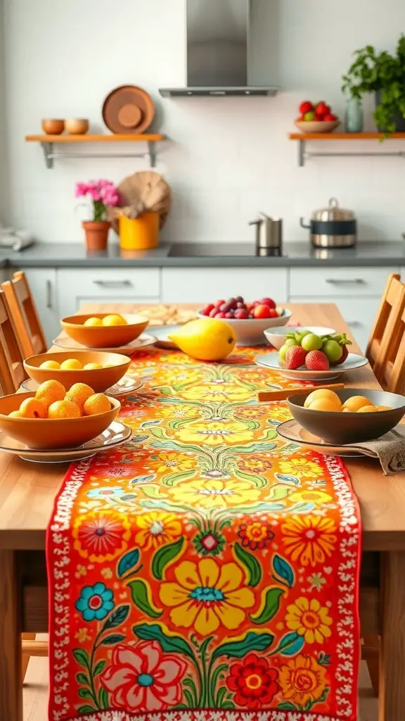 A colorful floral table runner on a kitchen table with bowls of fruits.