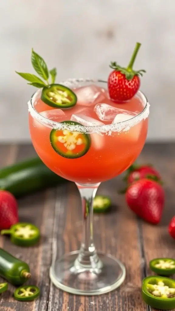 A Spicy Strawberry Jalapeño Margarita garnished with jalapeño slices and a strawberry, surrounded by fresh strawberries and jalapeños.