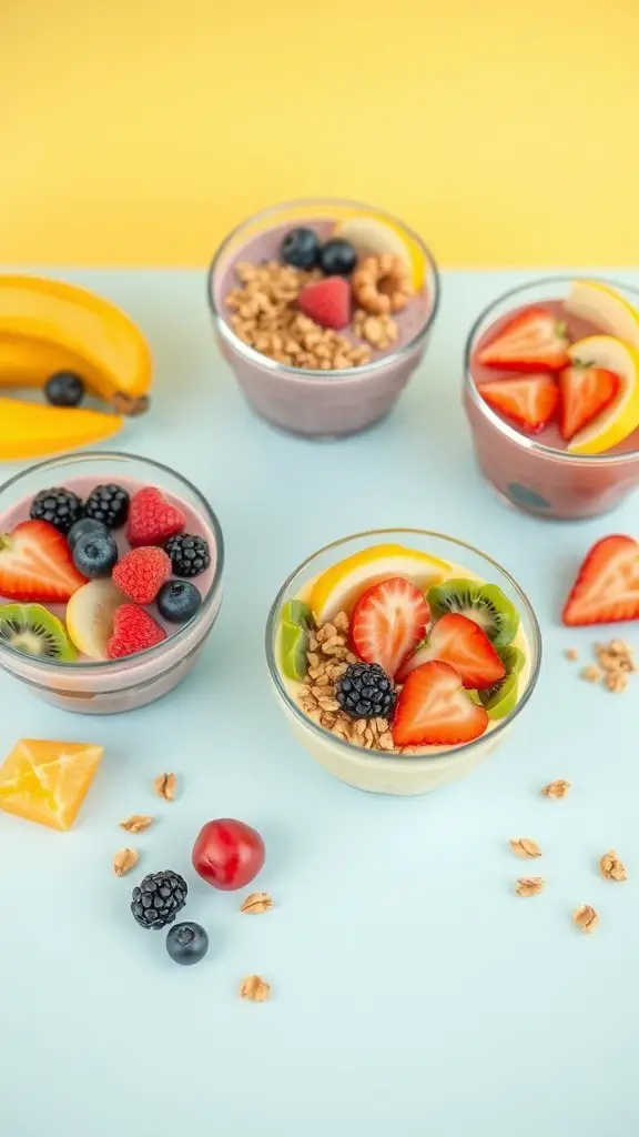Colorful smoothie bowls with fruits and granola on a bright background
