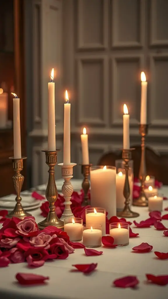 A romantic table setting featuring various candles and rose petals for Valentine's Day.