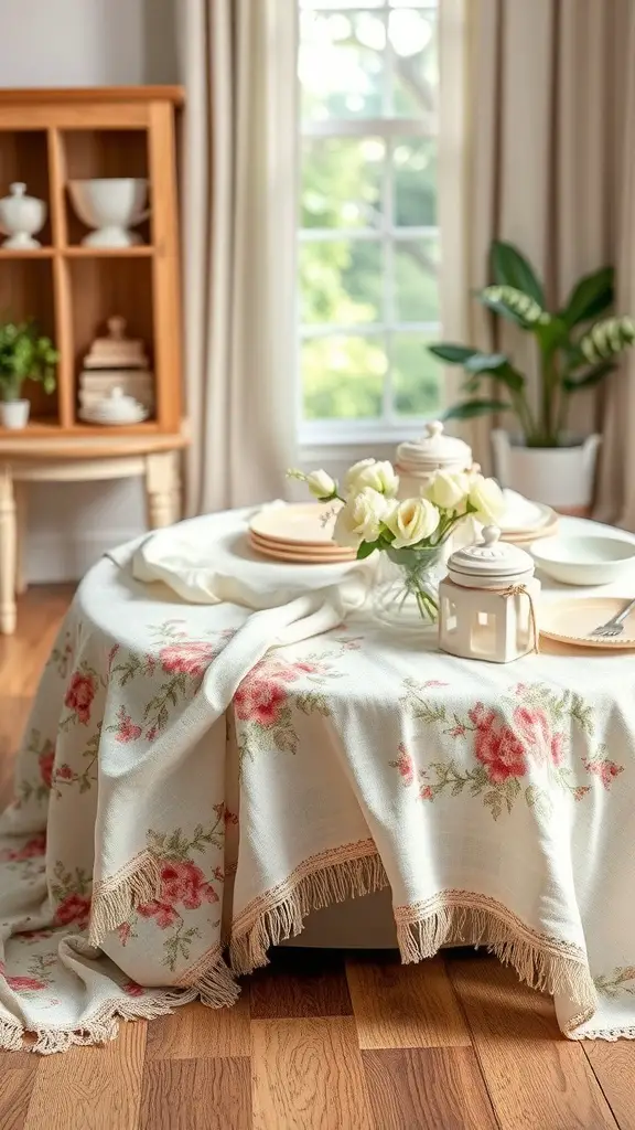A beautifully set coffee table with a floral tablecloth, dishware, and a flower arrangement.