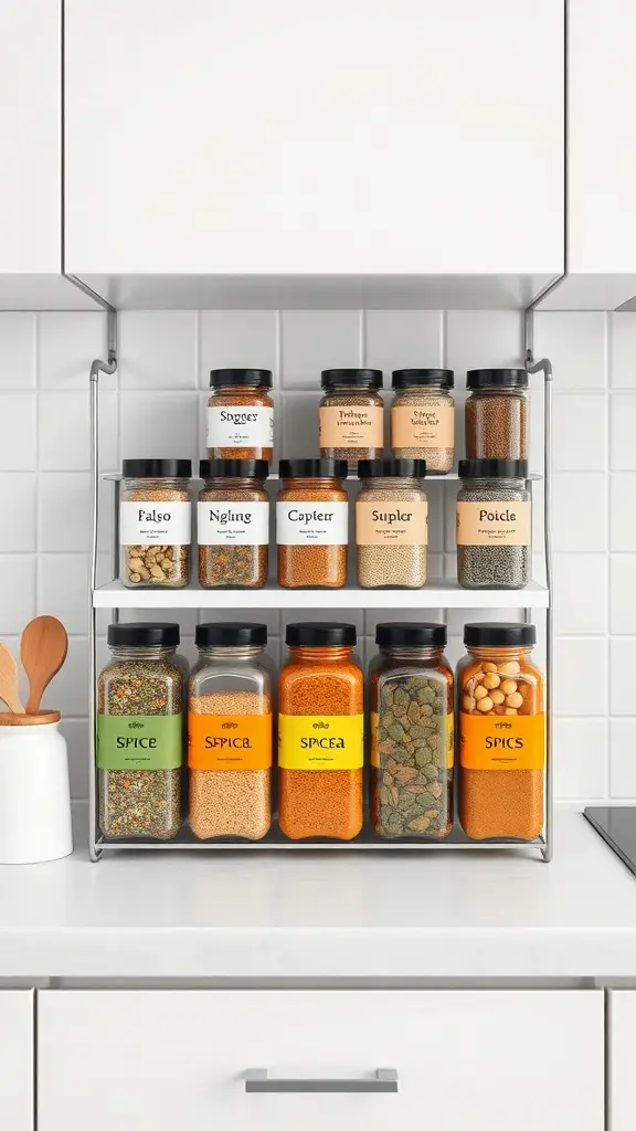 29+ Stunning Countertop Decor Ideas to Elevate Your Space 14 A minimalist spice rack displaying various labeled spice jars on a countertop.