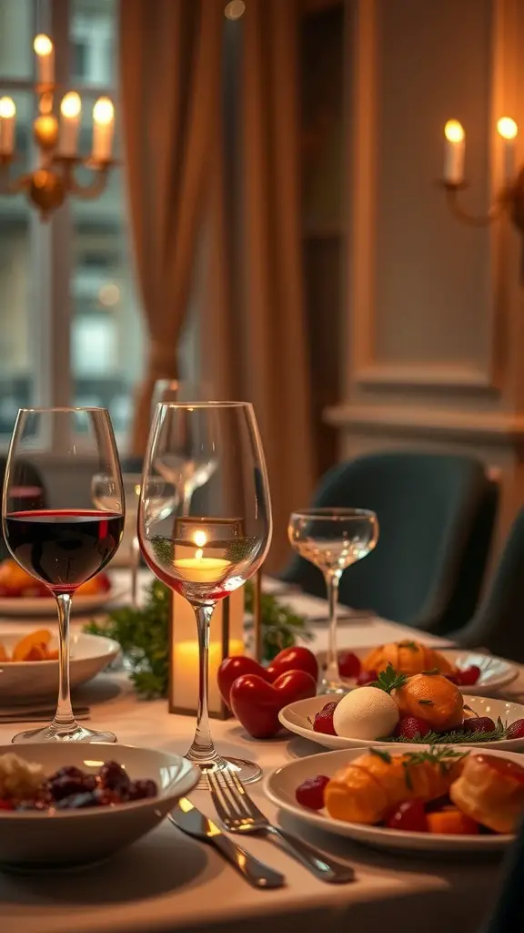 A romantic table setting with wine glasses, candlelight, and heart-shaped decorations for Valentine's Day.