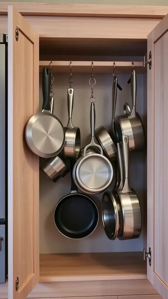 Hanging pots and pans organized in a kitchen cupboard