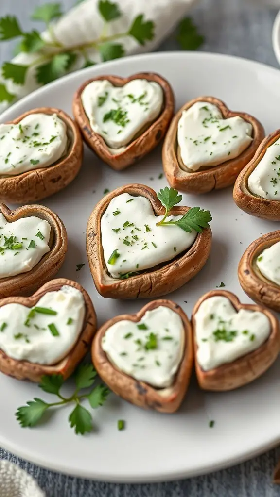 A plate of heart-shaped stuffed mushrooms topped with creamy filling and herbs.