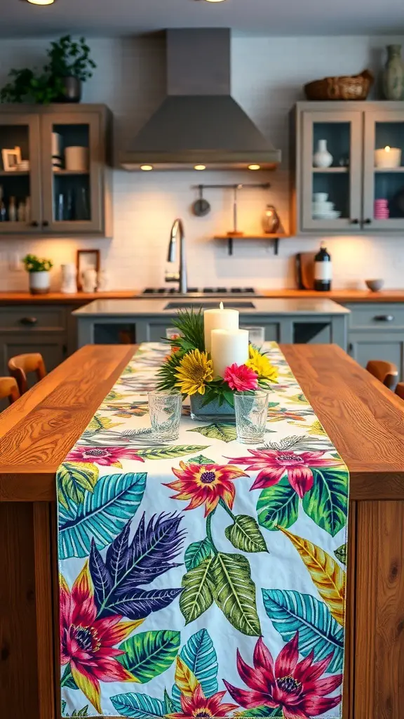 A colorful floral table runner on a wooden kitchen island with candles and flowers.