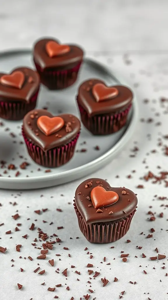 Heart-shaped chocolate cupcakes with red wine flavor, topped with smaller heart decorations.