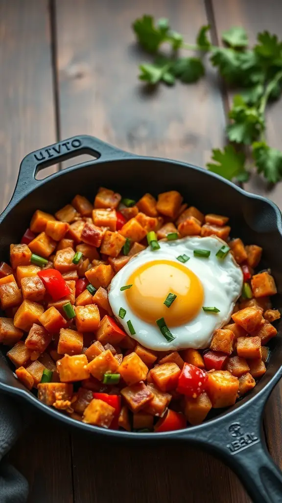49+ Delicious Spring Breakfast Ideas to Brighten Your Morning 12 A skillet filled with sweet potato hash topped with a sunny-side-up egg, garnished with green onions and cilantro.