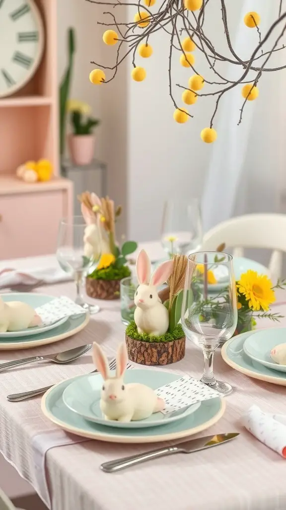 A colorful Easter table setting with bunny decorations, pastel plates, and fresh flowers.