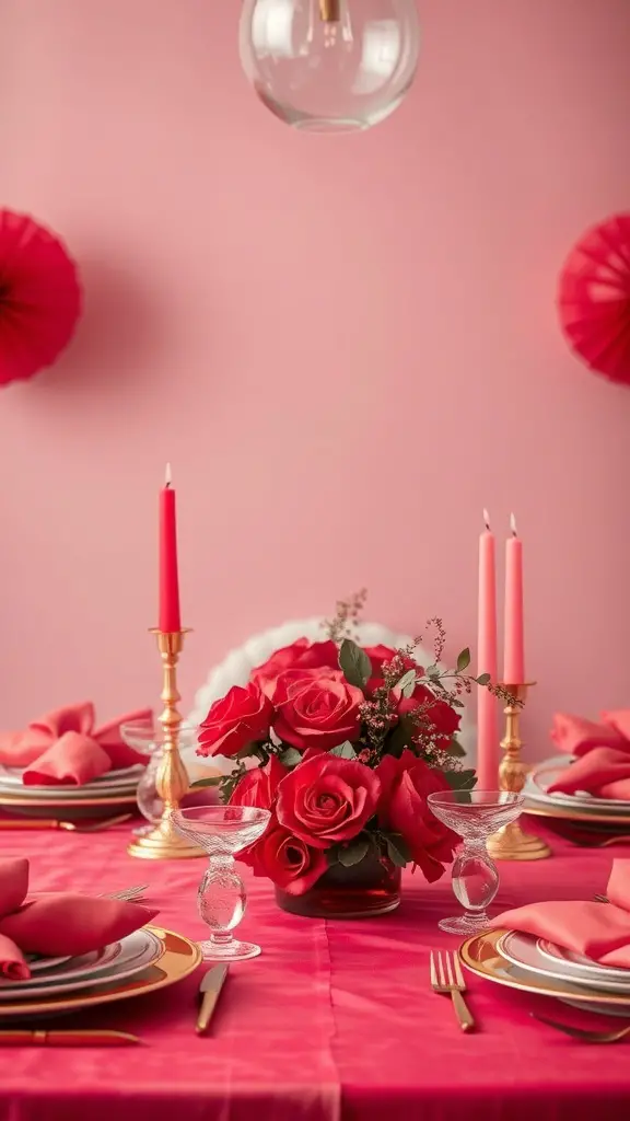 A vibrant Galentine's Day tablescape featuring pink and red colors, with roses, candles, and elegant table settings.