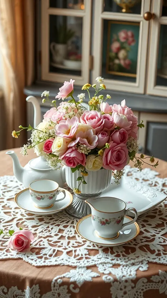 23+ Stunning Valentine's Day Centerpiece Ideas for a Romantic Atmosphere 14 A vintage tea set display with a floral centerpiece, featuring delicate china cups and a teapot on a lace tablecloth.
