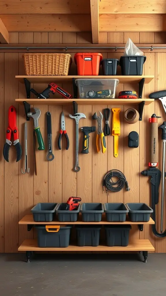 A well-organized wall-mounted storage system in a shed, featuring tools and bins on wooden shelves.
