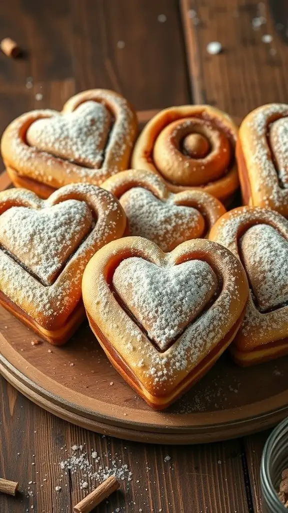 Heart-shaped cinnamon rolls dusted with powdered sugar on a wooden platter.