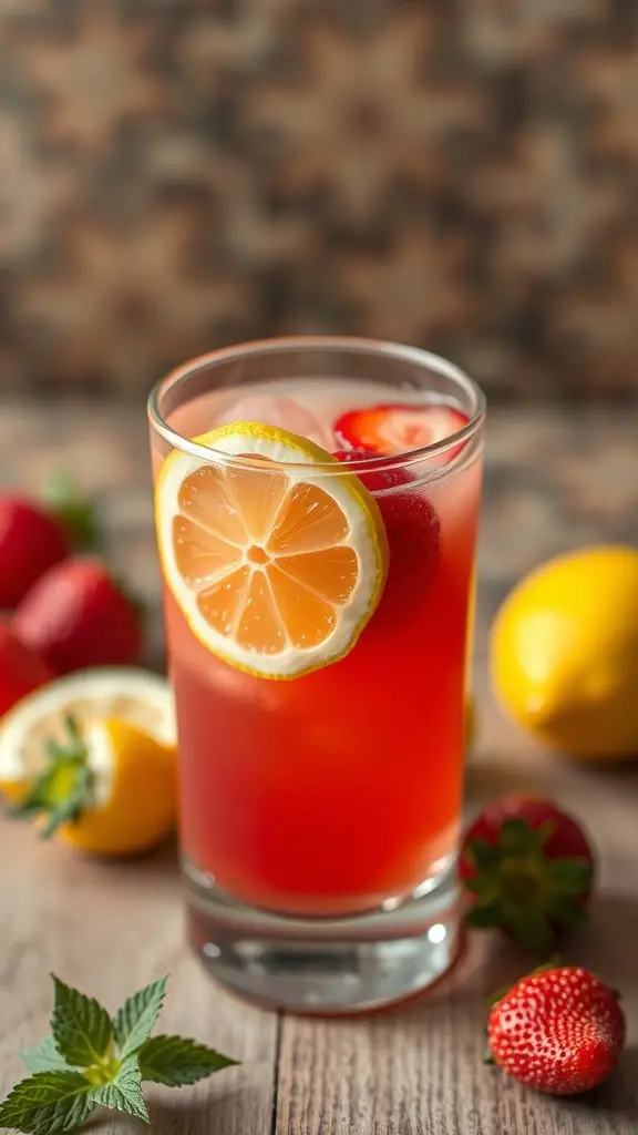 A refreshing glass of strawberry lemonade garnished with lemon slices and surrounded by fresh strawberries and lemons.